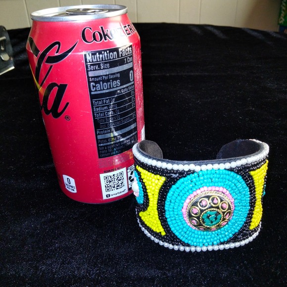 Iris Apfel & Bajalia Beaded Turquoise Yellow & Black Embellished Cuff Bracelet - Picture 2 of 11